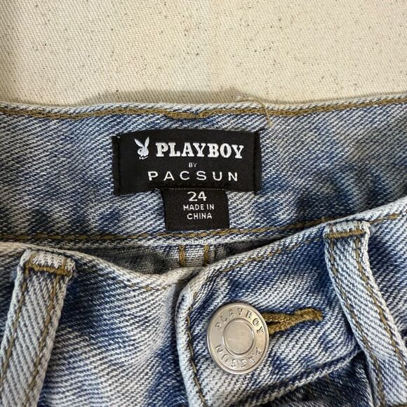 PLAYBOY X PACSUN FUNNY BUNNY VINTAGE HIGH WAISTED DENIM JEAN CUT OFF SHORTS 24 - Picture 11 of 12